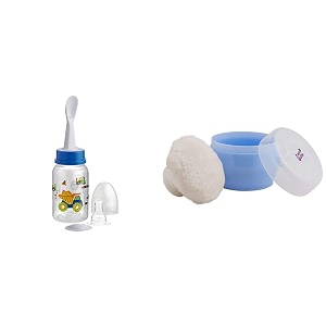 beebaby gentle 2 in 1 feeding bottle with plastic feeder spoon amp premium powder puff with container blue 125 ml