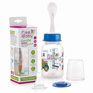 beebaby gentle 2 in 1 slim neck baby feeding bottle with anti-colic silicone nipple amp plastic feeder spoon 8m blue 250 ml