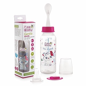beebaby gentle 2 in 1 slim neck baby feeding bottle with gentle touch anti-colic silicone nipple amp plastic feeder spoon 8 months  pink 250 ml