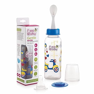 beebaby gentle 2 in 1 slim neck baby feeding bottle with anti-colic silicone nipple amp plastic feeder spoon 8m blue 250 ml