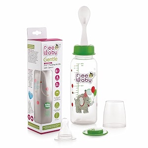beebaby gentle 2 in 1 slim neck baby feeding bottle with anti-colic silicone nipple amp plastic feeder spoon 8m green 250 ml