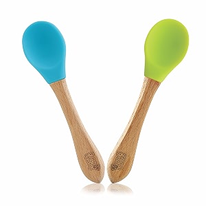 beebaby nurture natural beech wood amp soft silicone baby feeding spoons  100 bpa free eco-friendly weaning spoons for infants kids amp toddlers  gentle on gums safe for 6 months blue amp green