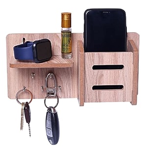 beeduck 5 keys hooks and 1 mobile wooden keys amp mobile stand for mobile charging tv amp ac remote holding and keys hanging at home office bedroom hotel wall mount