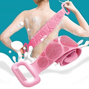beeduck silicone body back scrubber double side bathing brush for skin deep cleaning massage dead skin removal exfoliating belt for shower easy to clean for men amp women pink