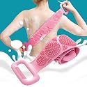 BeeDuck Silicone Body Back Scrubber Double Side Bathing Brush for Skin Deep Cleaning Massage, Dead Skin Removal Exfoliating Belt for Shower, Easy to Clean for Men & Women (Pink)