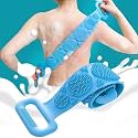 BeeDuck Silicone Body Back Scrubber Double Side Bathing Brush for Skin Deep Cleaning Massage, Dead Skin Removal Exfoliating Belt for Shower, Easy to Clean for Men &amp; Women (Blue)