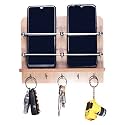BeeDuck Wooden Double Mobile and Keys Hook Holder Stand for Mobile Charging, TV &amp; AC Remote Holding and Keys Hanging at Home, Office, Bedroom, Hotel Wall Mount Multipurpose Stand