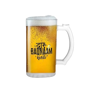 beer mug 350ml  daaru badnaam krdi hindi printed  fun drinkware durable glass dishwasher safe  good for parties home bars amp gifting