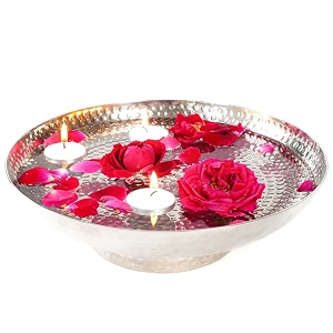 behoma decorative urli bowl for home decor  aluminium hammered round tray for center table decoration diwali festival  silver colour 1 pc dia 265cm only urly included