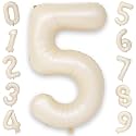 Beige Balloon Number 5, 40 Inch Large Self Inflating Foil Mylar Number Balloons 0-9 for Boys Women, Cream White Digital 5 Helium Balloon for Girls Men 5th Birthday Decorations Anniversary 2025 Party
