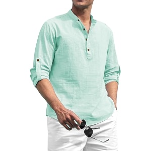 Beige Color Cotton Blend Mandarin Neck Short