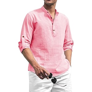 Beige Color Cotton Blend Mandarin Neck Short