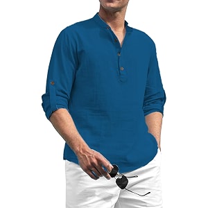 Beige Color Cotton Blend Mandarin Neck Short