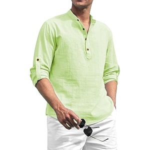 Beige Color Cotton Blend Mandarin Neck Short