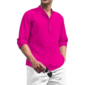 Beige Color Cotton Blend Mandarin Neck Short
