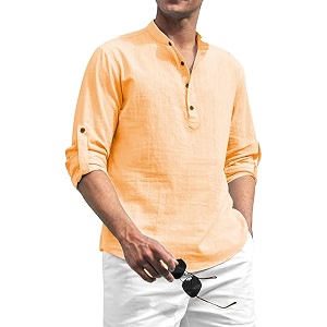 Beige Color Cotton Blend Mandarin Neck Short