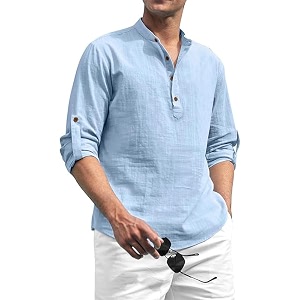 Beige Color Cotton Blend Mandarin Neck Short