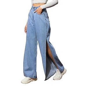 Beige Side Slit Wide Leg Jeans