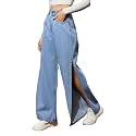 Beige Side Slit Wide Leg Jeans