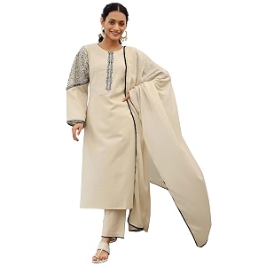 Beige Solid Straight Kurta with Floral Embroidered