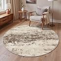 BEIMO 5FT Antique Beige Abstract Round Rug, Washable Non-Slip for Bedroom