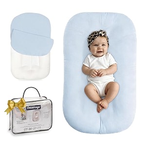 beisurznga baby lounger for newborn - snuggle cozy me lounger  breathable soft cotton 0-24 months portable playtime baby nest newborn baby essentials gifts- blue 1 lounger  1 cover