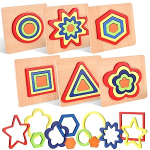 belanto 6pcs toddler wooden puzzles toys montessori rainbow shape sorting preschool educational brain teaser puzzle for kids 1-4 year 6pcs star circle hexagon flower squaretriangle puzzle