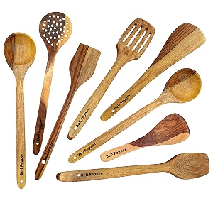 bell pepper handmade wooden spatula set for kitchen cooking and serving tools without polish for non stick utensils amp cookwares - multipurpose large size easy to wash low maintenance ladle - set of 8
