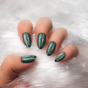 bella monza french tip press on nails  reusable artificial fake stick nail set  long acrylic almond shape 24 nails glitter darkgreen