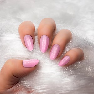 bella monza french tip press on nails  reusable artificial fake stick nail set  long acrylic almond shape 24 nails glitter pink