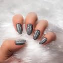 Bella Monza French Tip Press On Nails | Reusable Artificial Fake Stick Nail Set | Long Acrylic Almond Shape (24 Nails, Glitter Grey)
