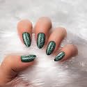 Bella Monza French Tip Press On Nails | Reusable Artificial Fake Stick Nail Set | Long Acrylic Almond Shape (24 Nails, Glitter DarkGreen)