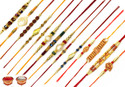 Designer RK-N2+N4TON13-N15TO17-14P Mauli Thread Rakhi by BELLACRAZE