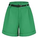 Belle Poque Women Bermuda Shorts Elastic Waist Wide Leg Shorts with Pockets &amp; Belts