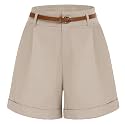 Belle Poque Women Bermuda Shorts Elastic Waist Wide Leg Shorts with Pockets &amp; Belts