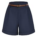Belle Poque Women Bermuda Shorts Elastic Waist Wide Leg Shorts with Pockets &amp; Belts