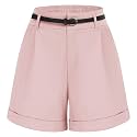 Belle Poque Women Bermuda Shorts Elastic Waist Wide Leg Shorts with Pockets & Belts