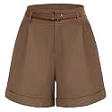 Belle Poque Women Bermuda Shorts Elastic Waist Wide Leg Shorts with Pockets &amp; Belts