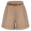 Belle Poque Women Bermuda Shorts Elastic Waist Wide Leg Shorts with Pockets &amp; Belts