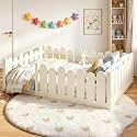 Bellemave Full Montessori Floor Bed with Rounded Safety Guardrail,Beige