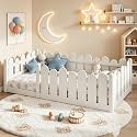 Bellemave Twin Montessori Floor Bed with Rounded Safety Guardrail,White