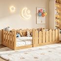 Bellemave Twin Montessori Floor Bed with Rounded Safety Guardrail,Natural