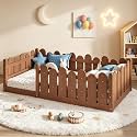 Bellemave Twin Montessori Floor Bed with Rounded Safety Guardrail,Brown