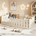 Bellemave Twin Montessori Floor Bed with Rounded Safety Guardrail,Beige