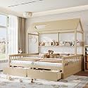 Bellemave Twin Size House Bed with Drawers for 2 Kids,Two Shared Beds with Storage Shelves and Roof,Double Twin Bed with Guardrails for Girls,Boys,Natural