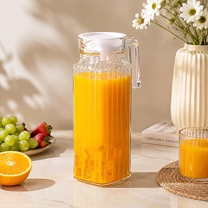 bellemax 11 litre glass water jug with plastic lid amp handle beverage carafe for beer water cocktails detox drinks amp more set of 1 clear glass 1100ml perfect for parties amp events bs-06