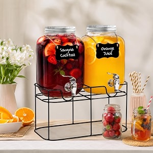 bellemax 3 litre set of 2 glass iced drink dispenser with spout amp tap steel lid and stand cold beverage dispenser for water cocktails detox drinks amp more perfect for parties amp events bs-10