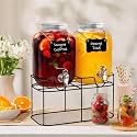 Bellemax 3 Litre (Set of 2) Glass Iced Drink Dispenser with Spout &amp; Tap, Steel Lid and Stand, Cold Beverage Dispenser for Water, Cocktails, Detox Drinks &amp; More, Perfect for Parties &amp; Events (BS-10)