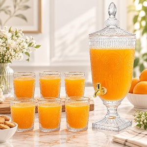 bellemax 3 litre glass iced drink dispenser with spout amp tap250ml glass set of 6  cold beverage dispenser for beer water cocktails detox drinks amp more perfect for parties amp events bs-12