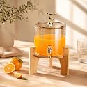 Bellemax 3 Litre Glass Iced Drink Dispenser Tap,Glass Lid and Wooden Stand– Cold Beverage Dispenser for Beer, Water, Cocktails, Detox Drinks & More, Perfect for Parties, Home & Events (BS-03)